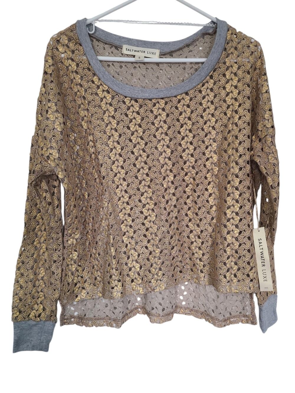 Saltwater Luxe Gold Metallic Open Knit Top Sweater Grey Contrast Trim Small NWT